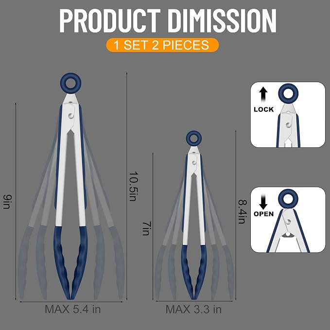 HOTEC Premium 7 & 9 Inch Kitchen Tongs, Stainless Steel Locking Cooking Tongs - Image 8
