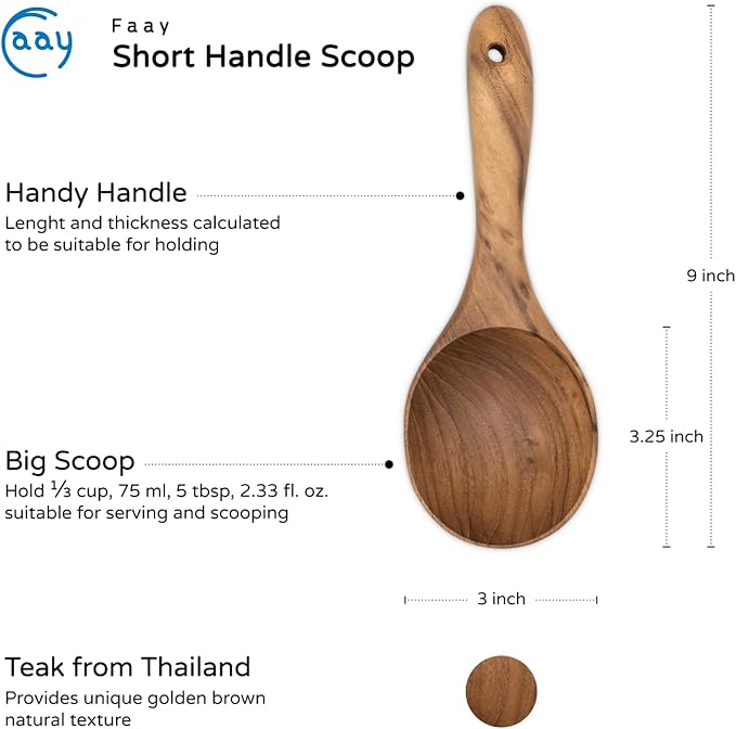 FAAY Short Handle Ladle, Eco Friendly Wooden Kitchen Tool, Hand Carved Unique - Image 4