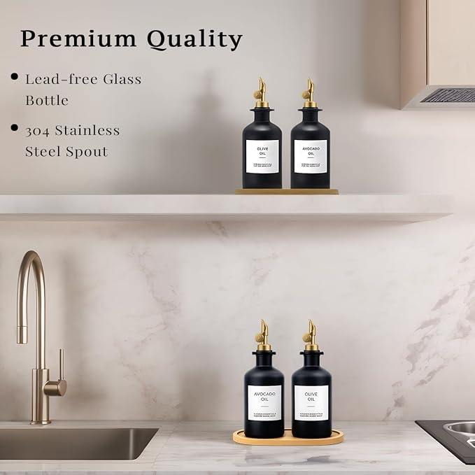 Olive Oil Dispenser Set, 2 x 11.8oz Black Glass Bottles - Image 5