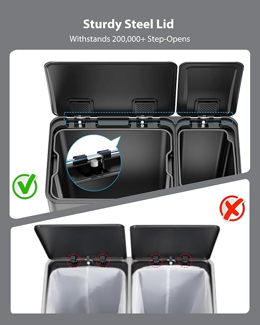 Dual Trash and Recycling Bins for Kitchen, 13.2 + 5.2 Gal Stainless Steel Trash - Image 8