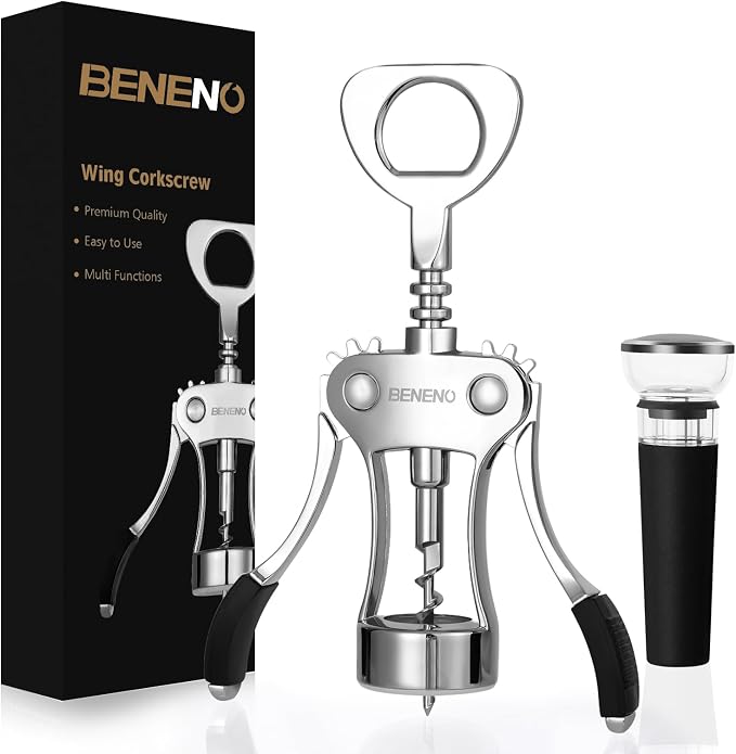 Beneno Wine Opener with Silicone Leak Proof Wine Vacuum Stopper, Zinc Alloy by Beneno