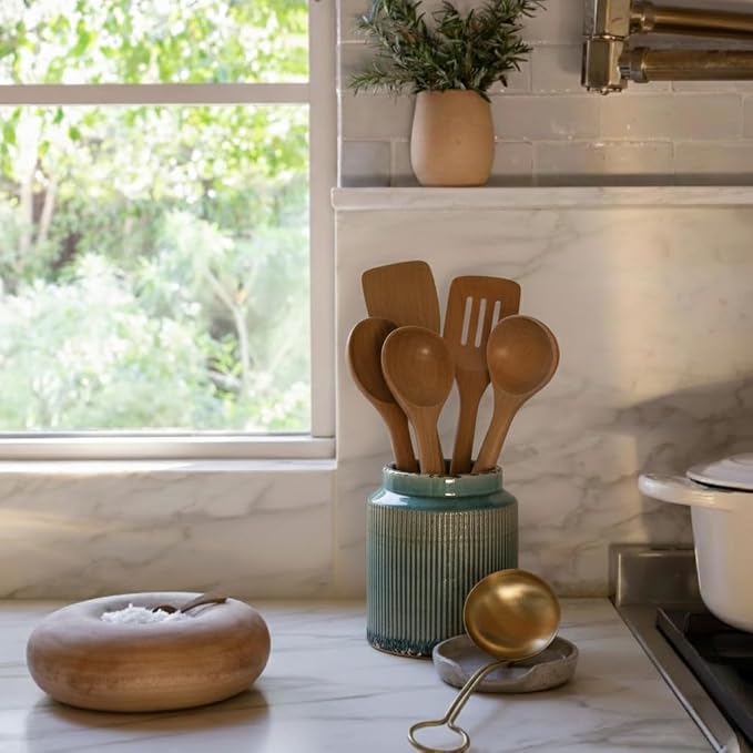 JIEMEI HOME Kitchen Utensil Holder, 6.77" Ceramic Farmhouse Stable Utensil Crock - Image 9