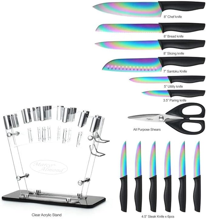 Marco Almond® Knife Block Set, 14-Piece Rainbow Color Stainless Steel Knife Sets - Image 2