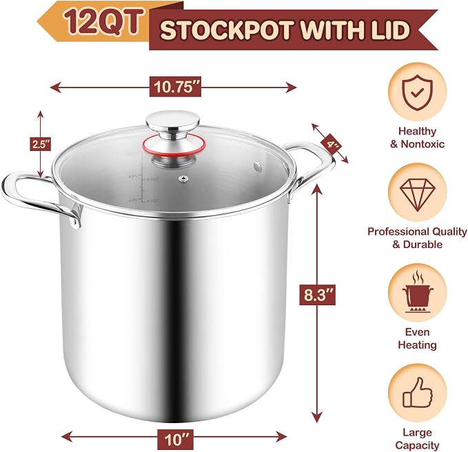 TeamFar 12 Quart Stock Pot, Stainless Steel Tri-ply Stockpot Large Pasta Soup - Image 2