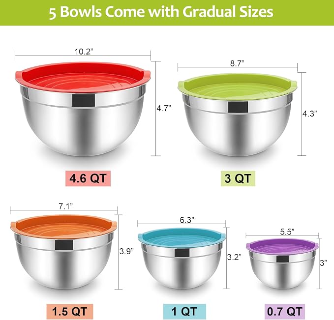 E-far Mixing Bowls with Lids Set of 5, Stainless Steel Mixing Bowls Metal - Image 3