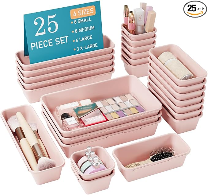 Kutesna 25 PCS Pink Drawer Organizer Set, 4 Size Interlocking Plastic Storage by Kutesna