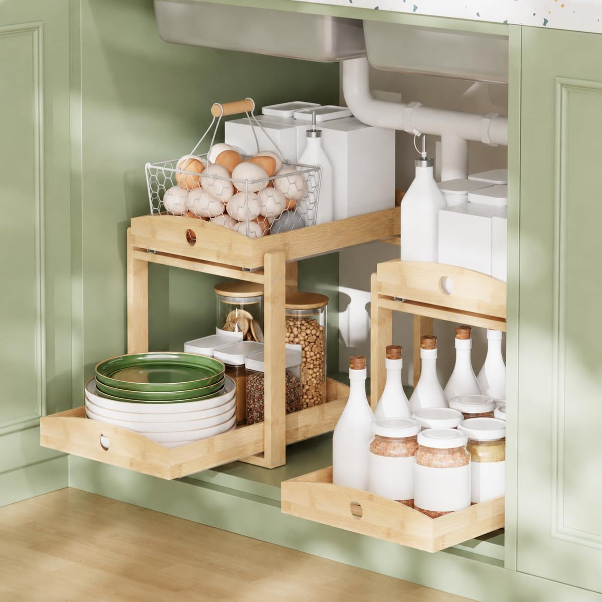 Bamboo Under Sink Organizer 2 Tier Pull Out Cabinet Storage Drawer