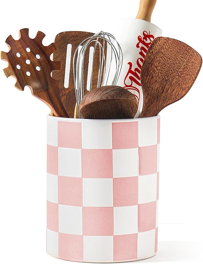 Utensil Holder，7.2 Inch Checkered Utensil Holder, Ceramic Cooking Utensil by Swkien