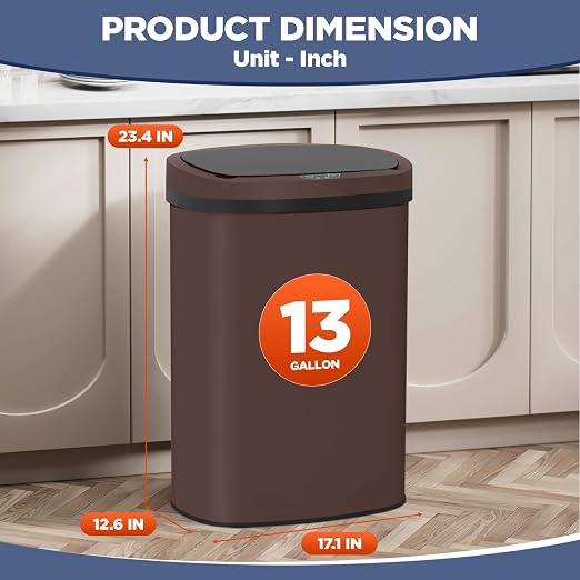 PayLessHere | 13 Gallon Stainless Steel Trash Can | Brown | Automatic Touchless - Image 7