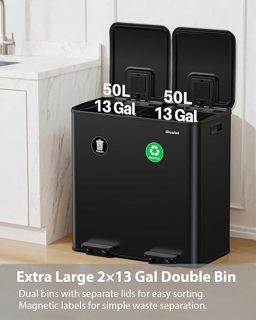 Dual Trash and Recycling Bins for Kitchen, 2×13 Gallon Stainless Steel Trash - Image 3