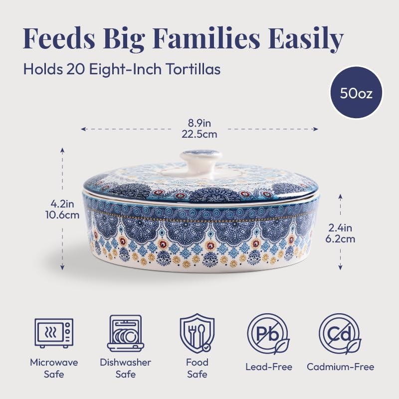 Bico Ceramic Tortilla Warmer with Lid, 8.9 Inch, Blue Talavera