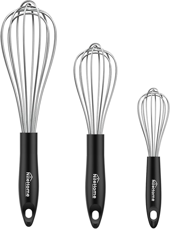 NileHome Silicone Whisk Set 8" 10" 12", 3 Pack Kitchen Whisk Kitchen Wisk Wire by NileHome
