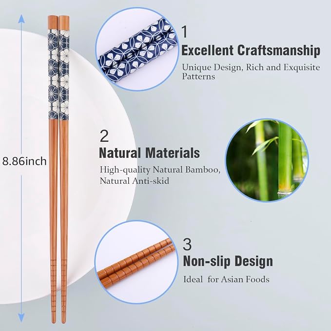 GLAMFIELDS Bamboo Chopsticks Reusable Japanese Style Lightweight 5 Pairs Ramen - Image 2
