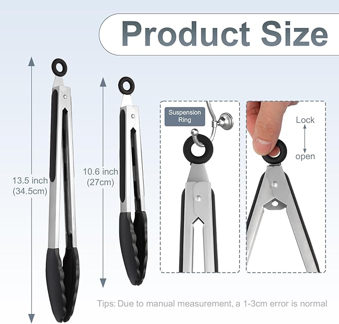2 Pack Black Premium Stainless Steel Heat Resistant Kitchen Tongs - Image 2