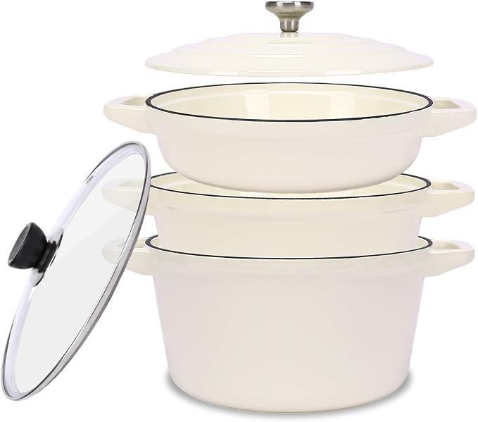 QuliMetal Enameled Cast Iron Set 5-Pc, Dutch Oven, Grill Pan, by QuliMetal