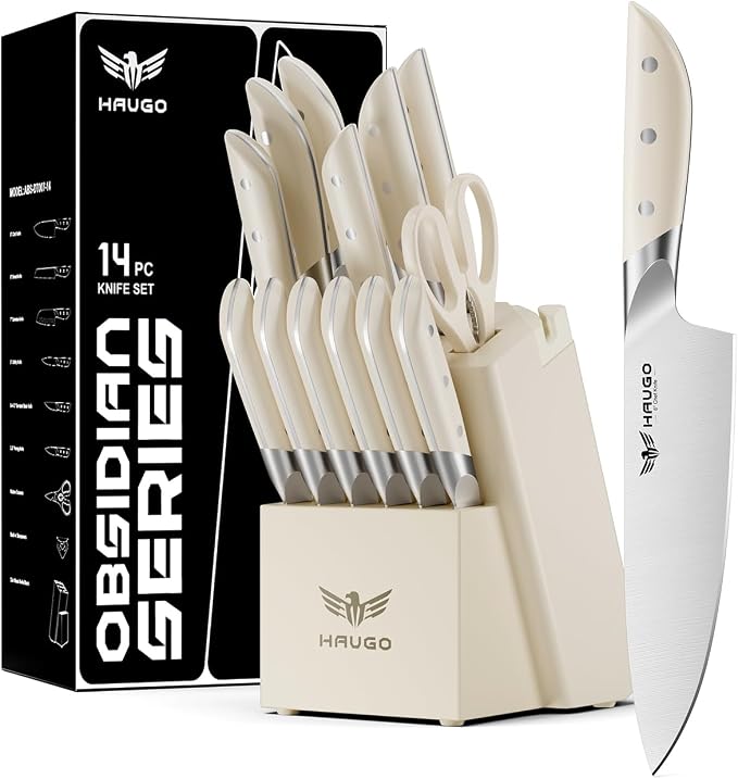 Kitchen Knife Set with Block: 14-Piece German Stainless Steel Full Tang by Haugo