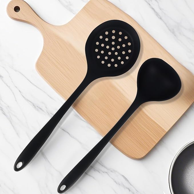 Jiozermi Silicone Soup Ladle and Slotted Spoon Set of 2, Heat Resistant Utensils - Image 6