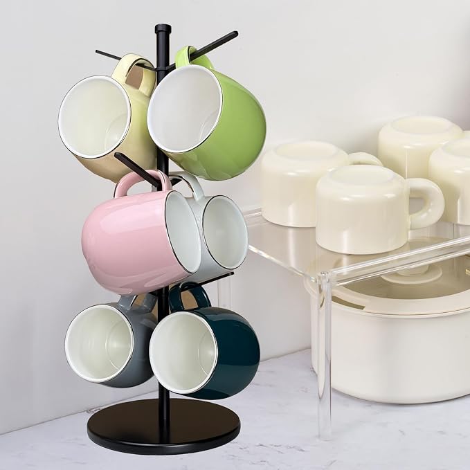 Premium Mug Tree, 6 Hooks Upgraded Stable Metal Mug Holder, Bamboo Base Coffee - Image 2