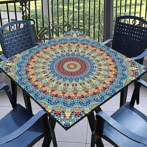 Square Fitted Outdoor Tablecloth with Elastic Wipeable Card Table