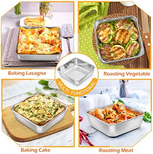 P&P CHEF Square 6x6 Baking Cake Pan, 4 Pcs Stainless Steel Brownie Pan