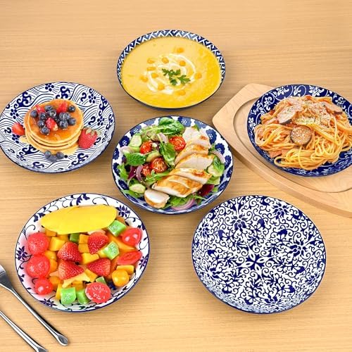 7.8 Inch Porcelain Pasta Bowls Set of 6, Ceramic Salad Bowls Blue &