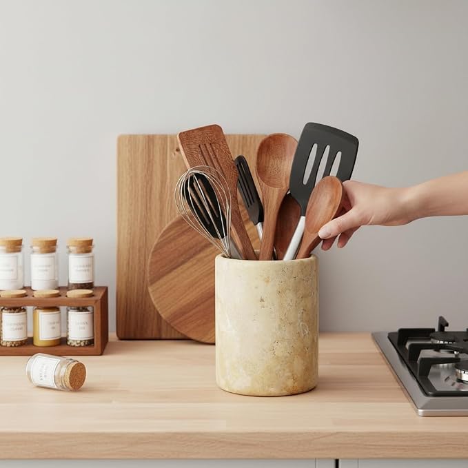 Marble Utensil Holder 6.5 Inch Travertine Utensil Caddy, Wooden Cooking - Image 4