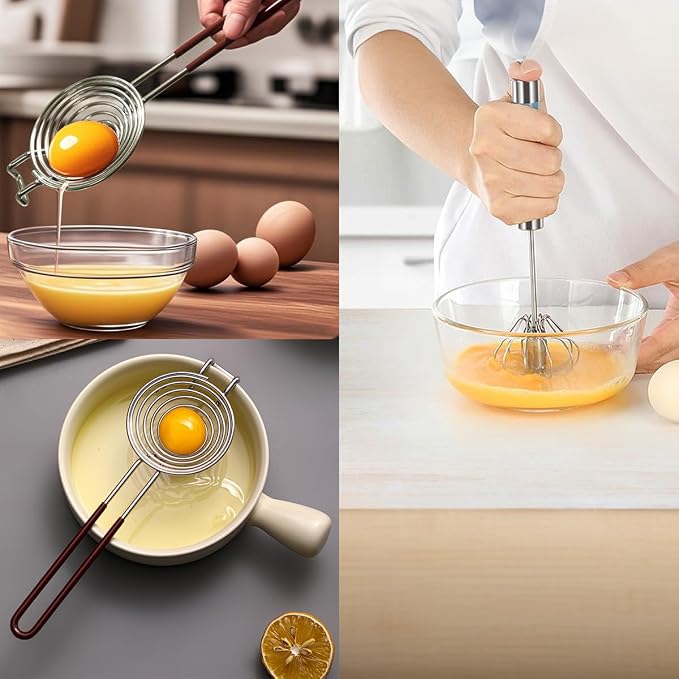 Semi Automatic Whisk & Egg Yolk Separator, Stainless Steel Mini Hand Push Whisk - Image 7
