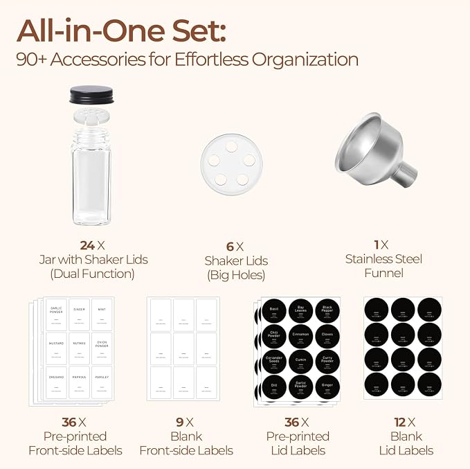 ComSaf Glass Spice Jars with Label, 93 Labels, a Metal Funnel, Extra Shaker Lids - Image 4