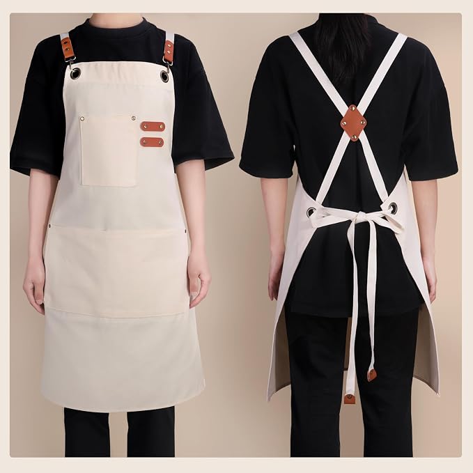 Chef Aprons for Men Women with Large Pockets, Cotton Canvas Water Repellent - Image 6