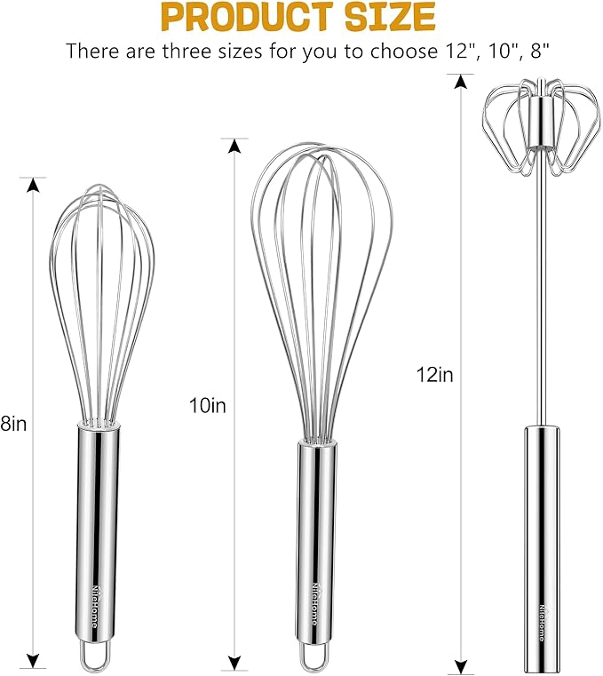 NileHome Stainless Steel Whisk Set 8" 10" Hand Blender + 12" Semi-Automatic - Image 2