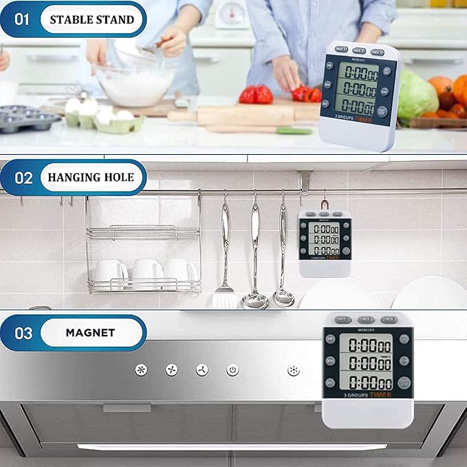 Digital Dual Kitchen Timer for Cooking, 3 Channels Count Down/up Triple Multi - Image 5