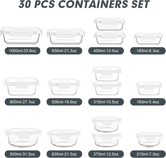 VERONES 30 Pieces Glass Meal Prep Containers Set, Stackable Food Storage - Image 2