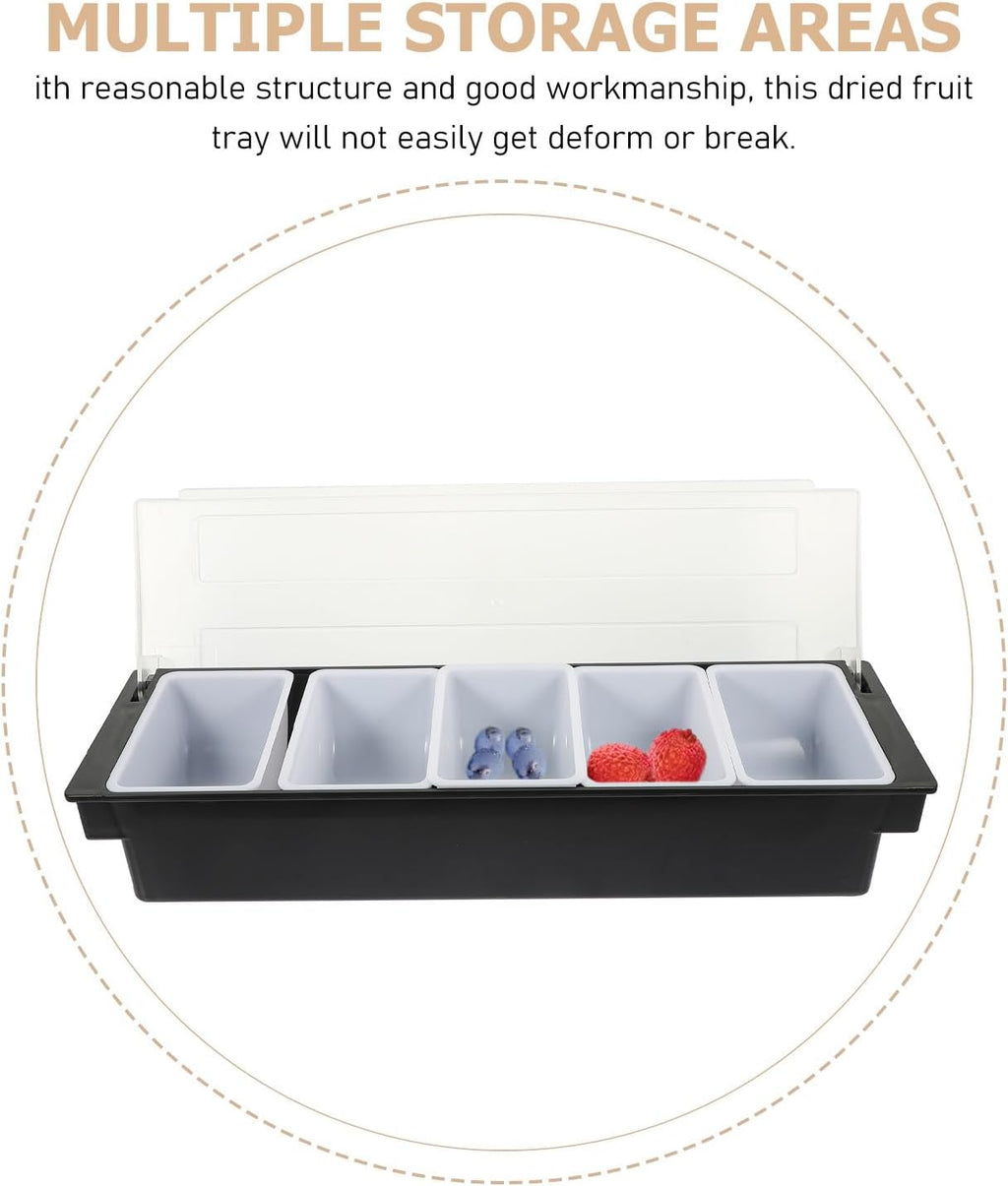 Five Compartment Snack Container Box with Lid, Black Plastic Fruit