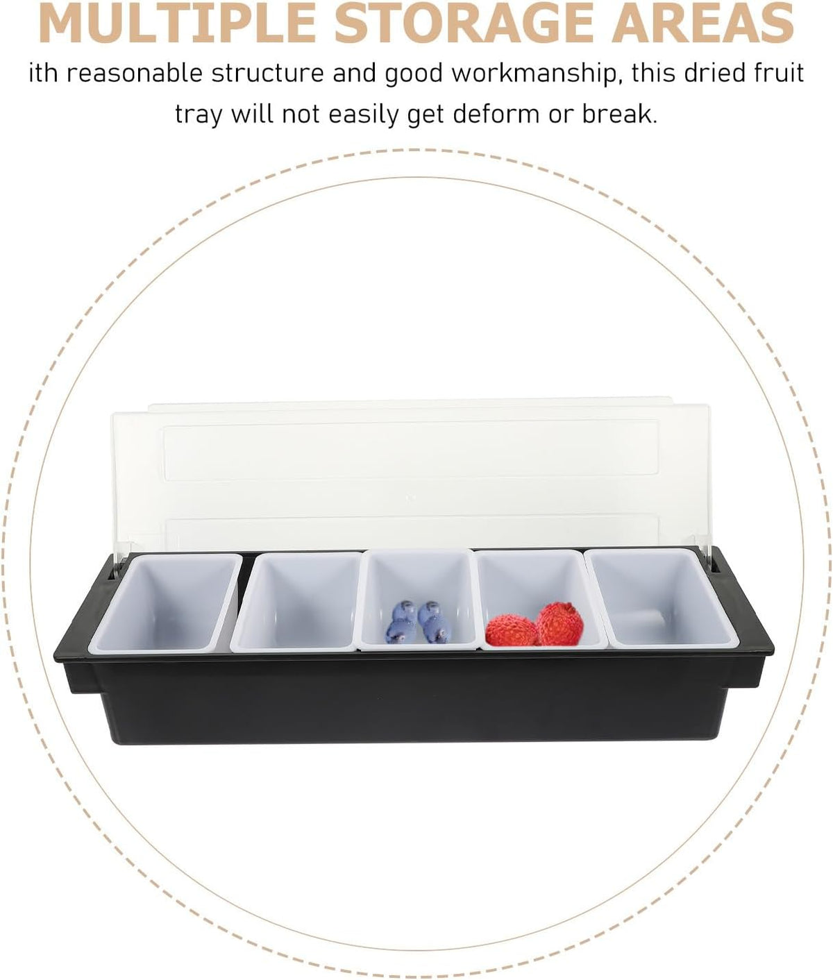 Five Compartment Snack Container Box with Lid, Black Plastic Fruit