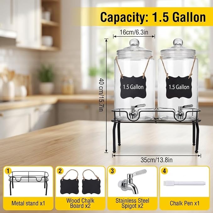1.5 Gallon Glass Drink Dispenser Set of 2, Drink Dispensers - Image 3