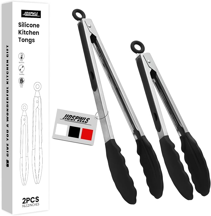 2 Pack Black Premium Stainless Steel Heat Resistant Kitchen Tongs by JIDSPWLS-USStrore