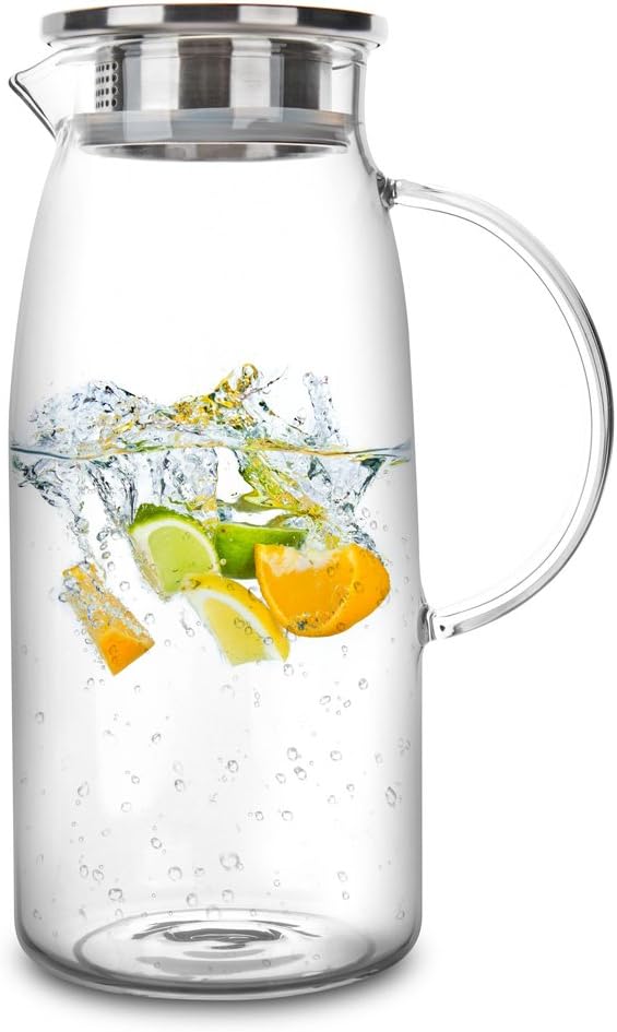 60 Ounces Glass Pitcher with Lid, Hot/Cold Water Jug, Juice and Iced Tea by Purefold