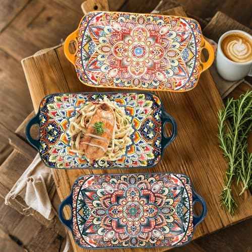 Boho Ceramic Serving Platters with Handles Set of 4, 12Inch Large Serving Dishes for Entertaining, Colorful Cute Porcelain Serving Plates for Sandwich, Appetizer, Fruit, Microwave Oven Safe Mix-color