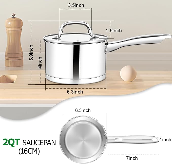 TeamFar 2 qt Saucepan with Lid, Stainless Steel Small Sauce Milk Pan with - Image 2