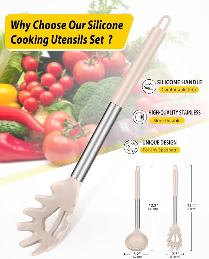 Silicone Pasta Fork and Ladle Spoon Set, Large Non Stick Kitchen Utensils - Image 2