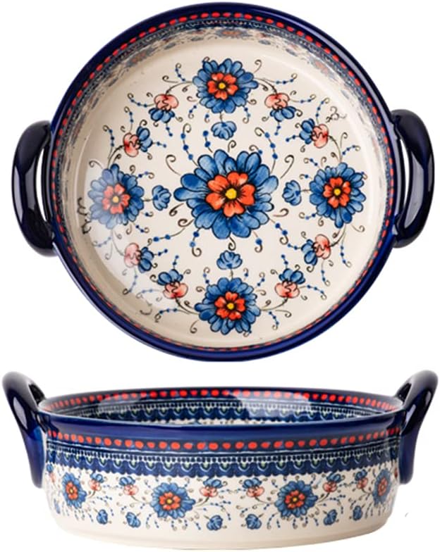 Blue and Orange Flower Vintage Style Ceramic Bakeware Casserole Lasagna Pans by Bicuzat