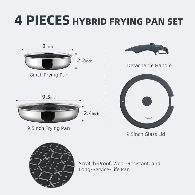 Ciwete Hybrid Non Stick Frying Pans Set 4-Piece, 8 & 9.5 Inch Tri-Ply Stainless - Image 2