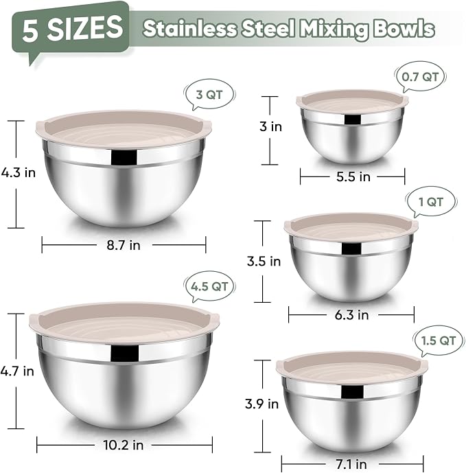 TeamFar Mixing Bowls with Lids, 5-Piece Stainless Steel Metal Nesting Salad Bowl - Image 2