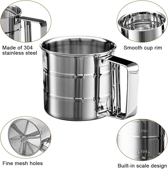 Silver Flour Sifter Baking Tool Set, DLAND Stainless Steel 4-Piece Kit - Image 2