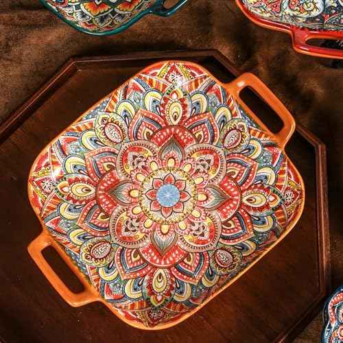 Ceramic Serving Platter with Handles, Set of 2, Bohemian Ceramic Plate,Square Dinner Plate,Colorful Salad Dish,Retro Fruit Plate (Green + Orange)