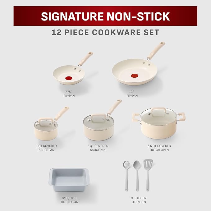 T-fal Signature Nonstick 12 Piece Cookware Set, Oven Safe Up to 350°F, - Image 2