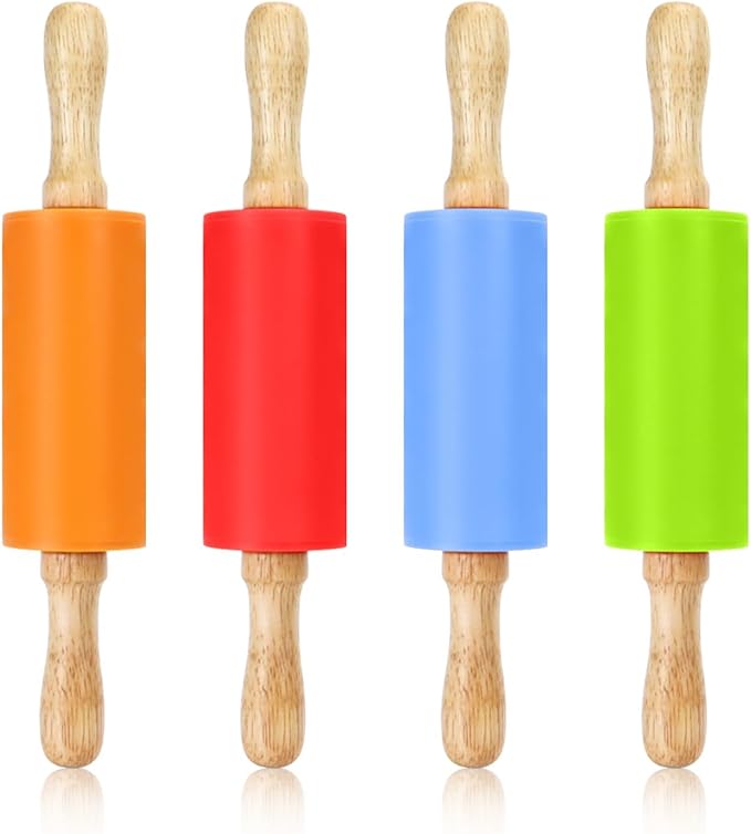 4 Pack Mini Rolling Pin for Kids, 9 Inch Wooden Handle Rolling Pin Non-Stick by Faxco