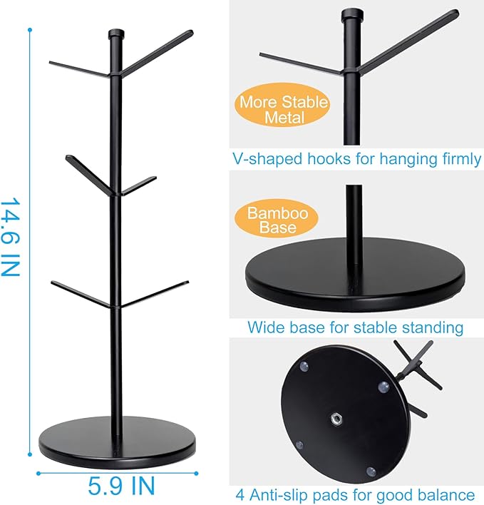Premium Mug Tree, 6 Hooks Upgraded Stable Metal Mug Holder, Bamboo Base Coffee - Image 4