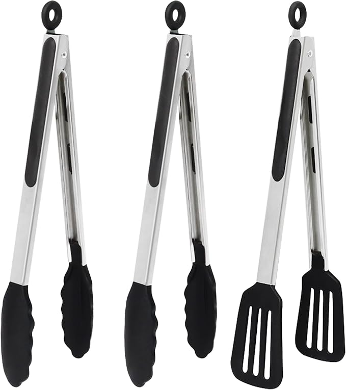 12 Inch Kitchen Tongs Set of 3, Silicone Tongs by Pharamat