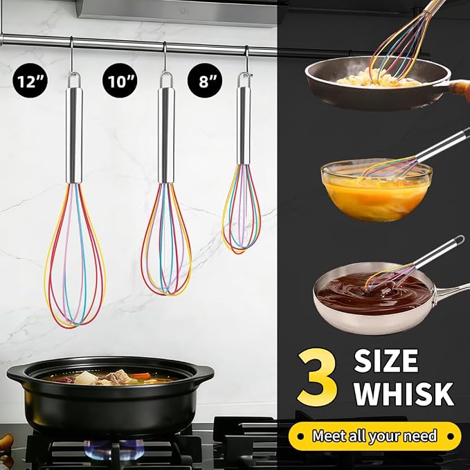 Silicone Whisk Set, Stainless Steel Handle Whisk 8" 10" 12" Rubber Whisks - Image 7